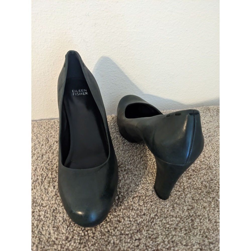 Eileen Fisher Slate Gray Leather Round Toe Block Heel Classic Pumps Size 7 NEW - Picture 6 of 10